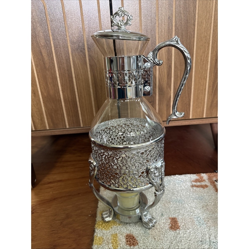Vintage Silver Plated Carafe Pitcher with Heat Proof Glass & Warmer Stand